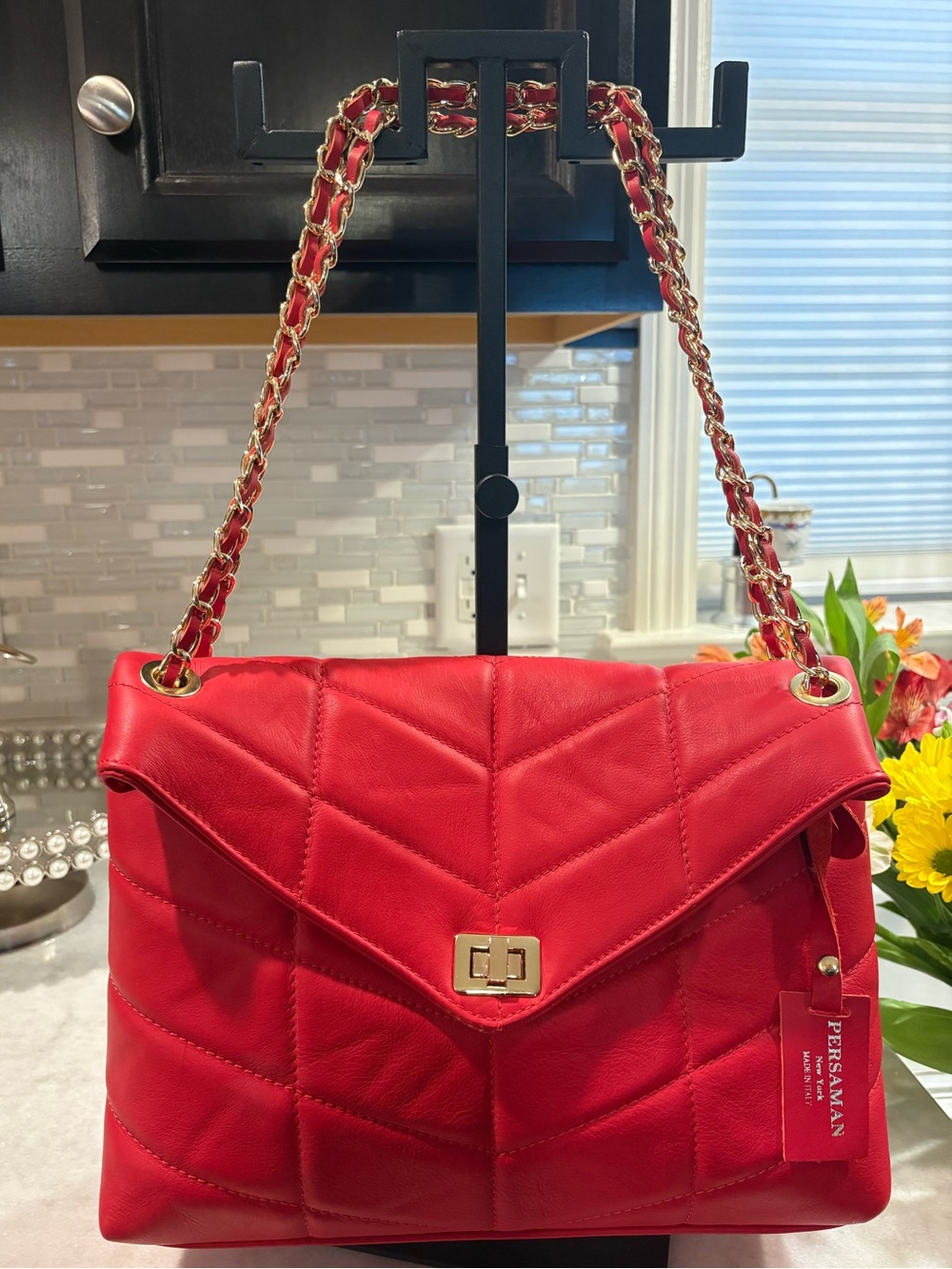 New Persaman New York Red Quilted Leather Shoulder Bag with Gold Hardware